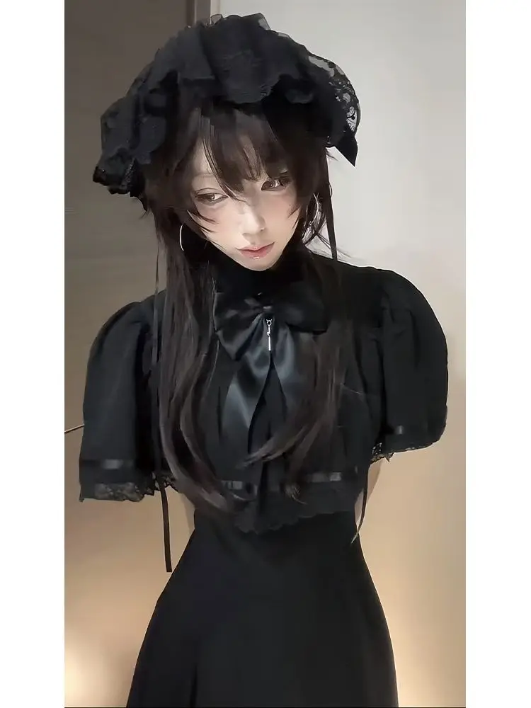 

Vestidos Elegantes Para Mujer Maxi Dress Black Lace Cape Dress Robe Femme Grunge Subcultural American Streetwear Punk