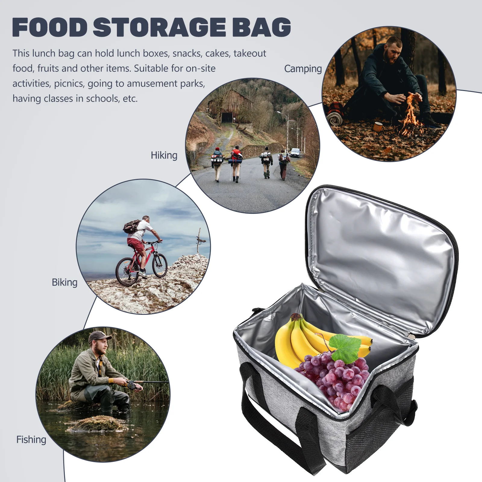 

Insulated Lunch Portable Food Cooler Thermal Bento Bag Zipper Sturdy Strap Large Capacity Easy Clean Foldable for Travel