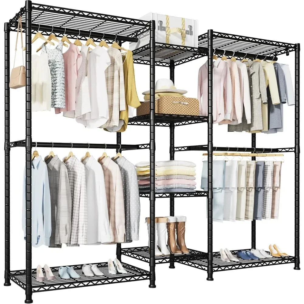 Wire Garment Rack, Metal Freestanding Closet Organizer and Storage System, Heavy Duty Clothing Wardrobe with 8 Shelves and