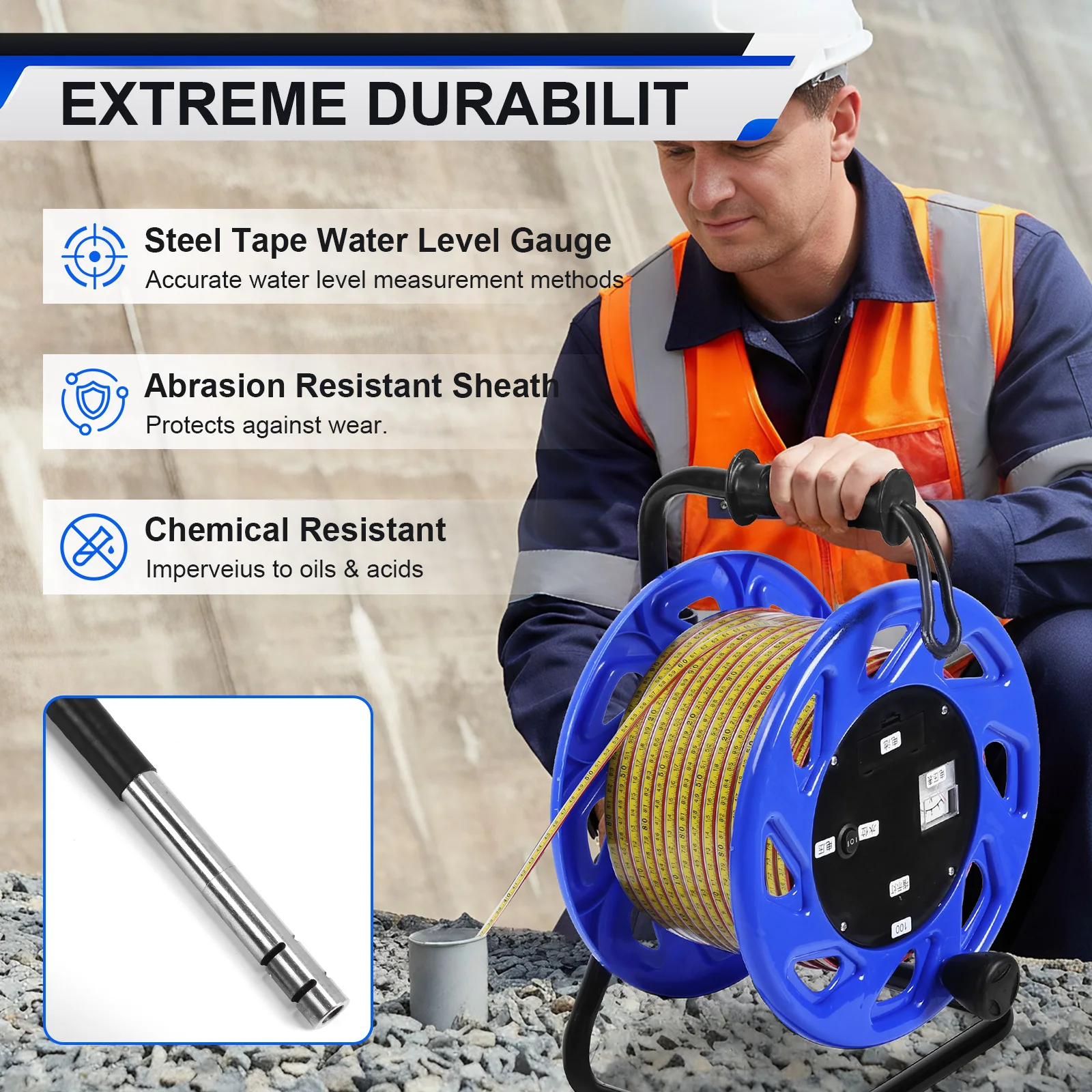 100m Groundwater Level Gauge with Fixed Probe and Steel Tape Groundwater Depth Measurer for Wells Boreholes Reservoirs and Pipes