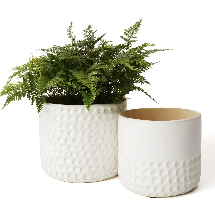 

Ceramic Planter Flower Plant Pots 6.7+5.5 Inch Concave Dot Patterned Cylinder Flower Pot W Drain Hole for Indoor Set of 2 Ivory