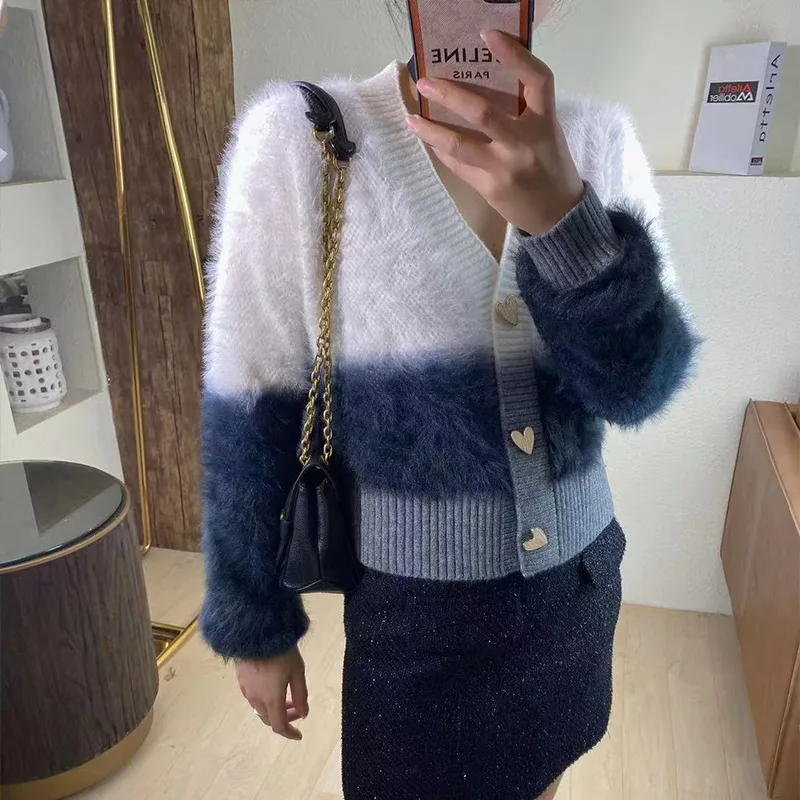 Autumn And Winter Lazy Feng Shui Mink Fur Short Sweater Jacket Women's New Loose Gradient Color Soft Glutinous V-Neck Knitted