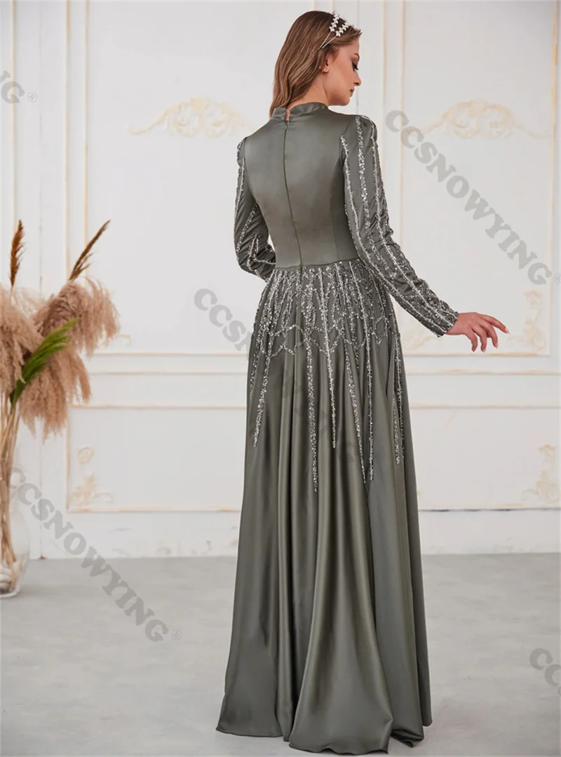 Luxury Appliques Beaded Muslim Evening Dresses Long Sleeve Islamic Formal Party Gowns High Neck Women Arabic Robes De Soirée