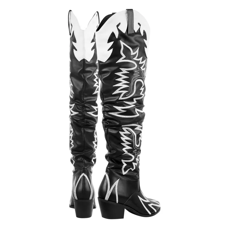 Onlymaker Woman Knee High Boots Western Cowboy Boots Wide Calf Embroidered Women Pointed Toe Block Heel Pull-On Cowgirl Boots