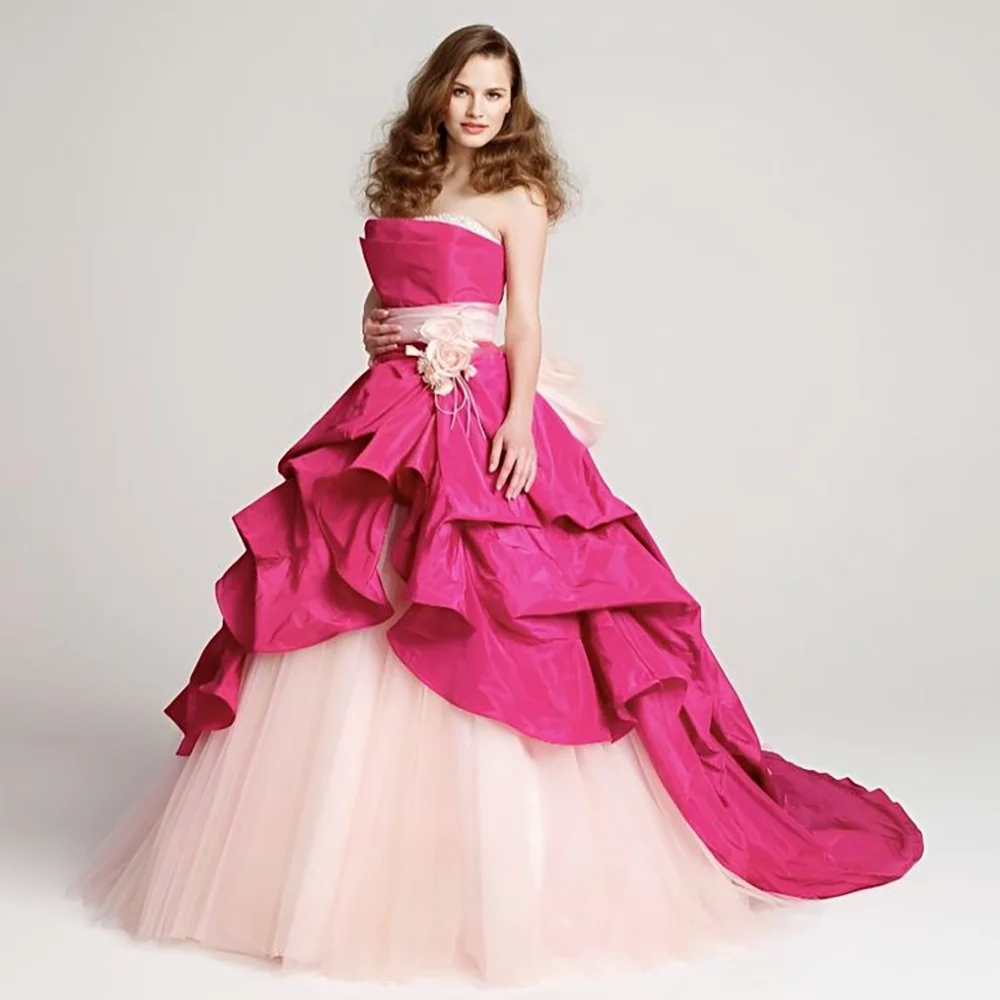 Fashion Pink Strapless Floor-length Ball Evening Dress Female Formal Party Prom Gown Vestidos De Fiesta