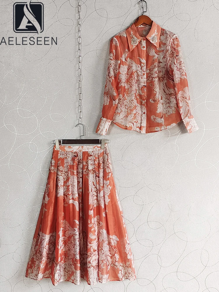 AELESEEN-Ensemble 2 Pièces Vintage pour Femme Chemisier à Col Rabattu et Jupe Longue, Tenue de Soirée Élégante, de Styliste, à la Mode, pour Été