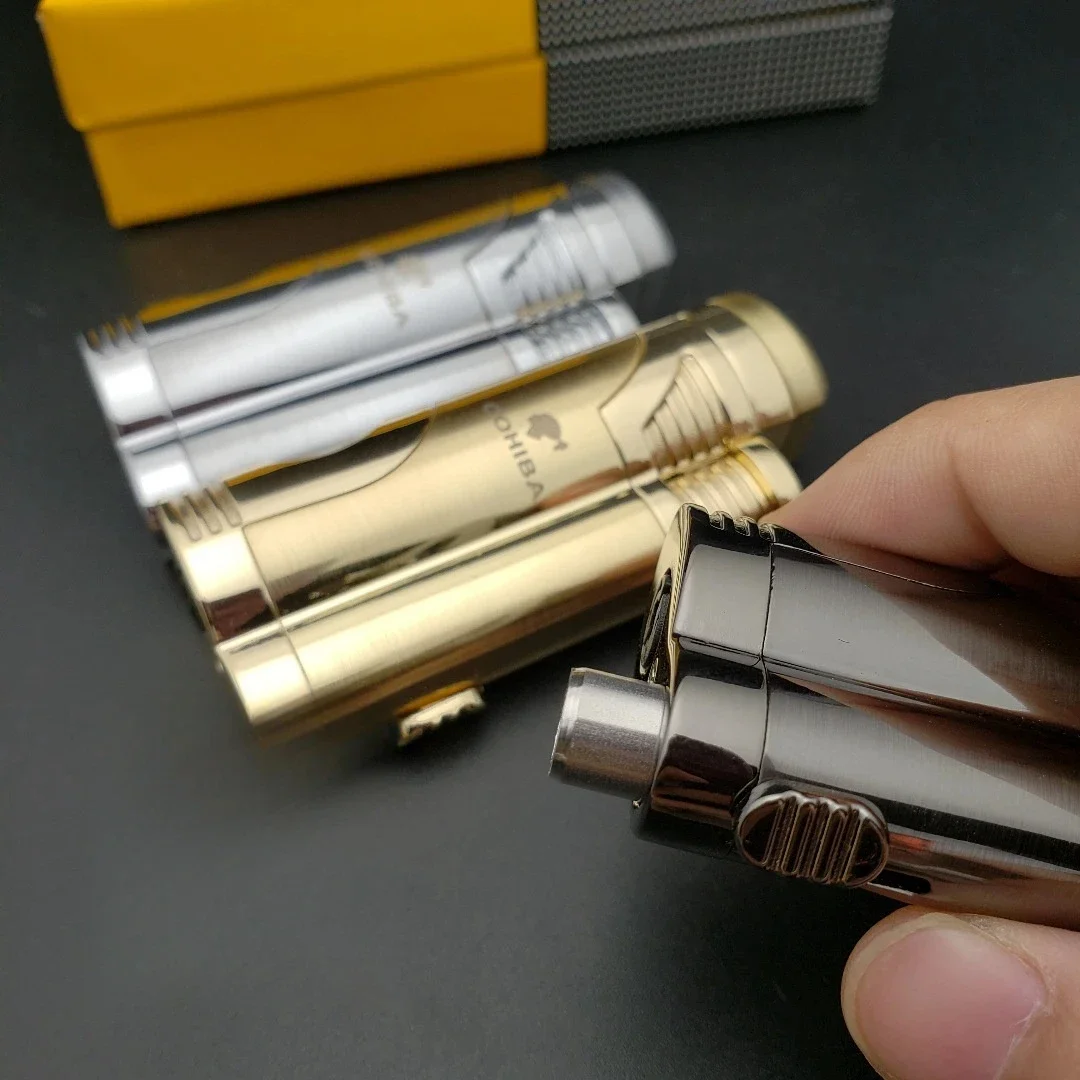COHIBA Cigar Specific Double Direct Spray Inflatable Lighter With Cigar Scissors Metal Windproof Lighter High-End Gift