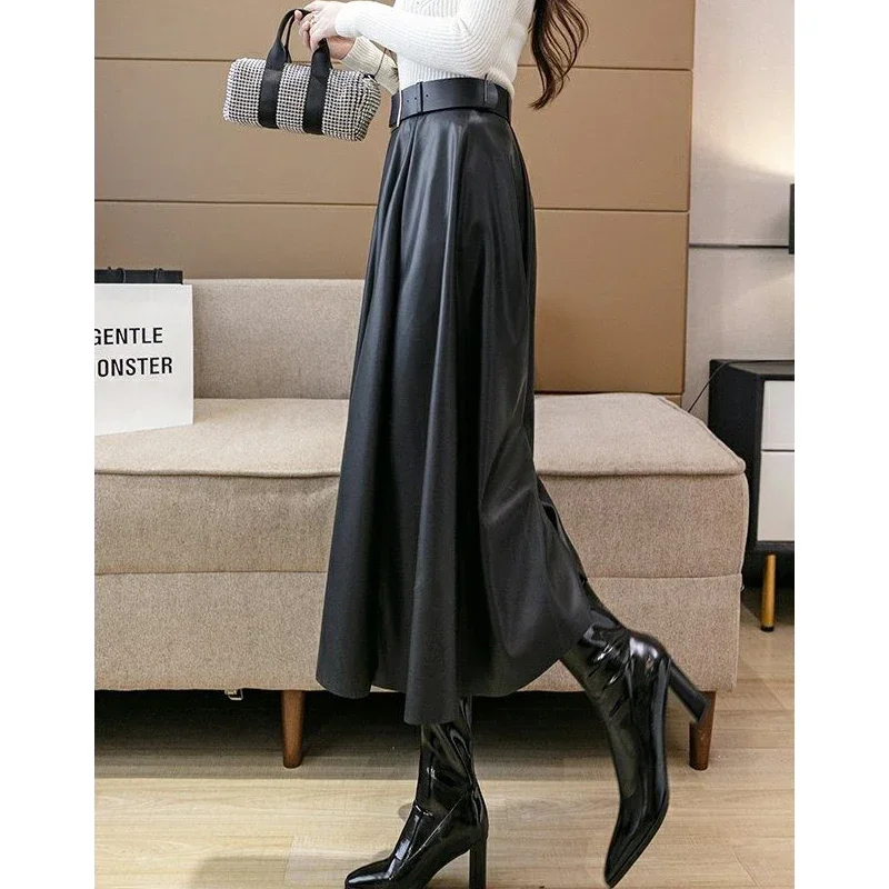 Women Vintage Solid Pu Leather Pleated Elegant Belt Midi Skirt Autumn Winter Fashion High Waist Large Swing A Line Skirts Faldas