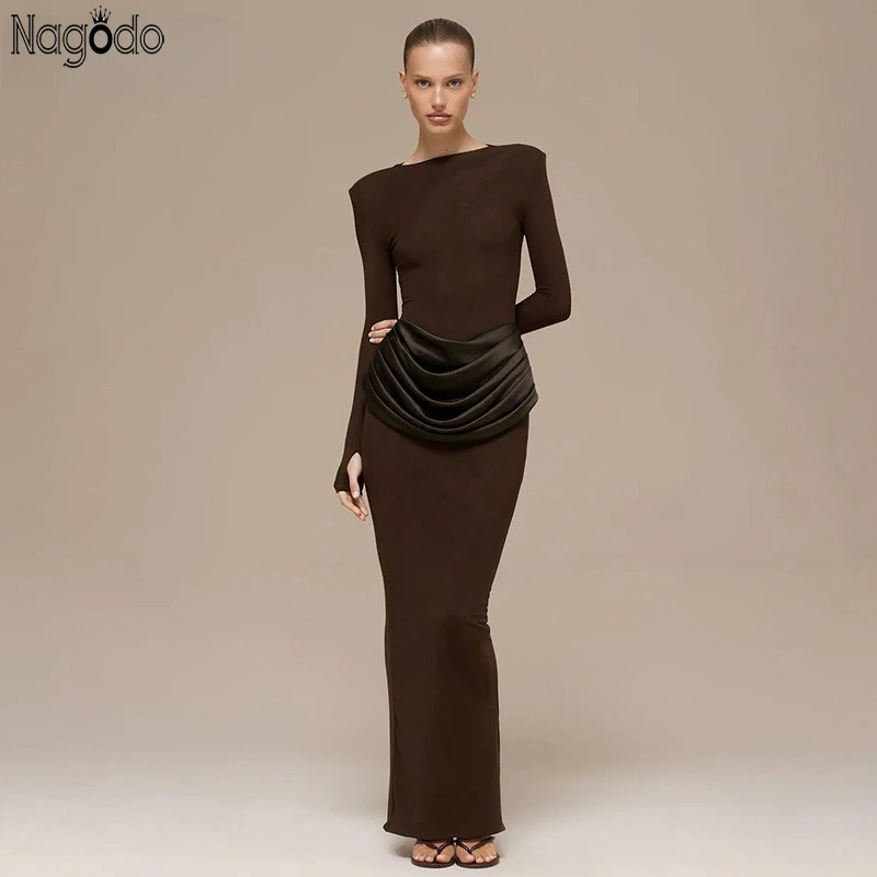

Nagodo Summer Elegant Pleated Slim Party Dress High Waist Long Sleeve Brown Red Bodycon O-Neck Sexy Evening Prom Maxi Dresses