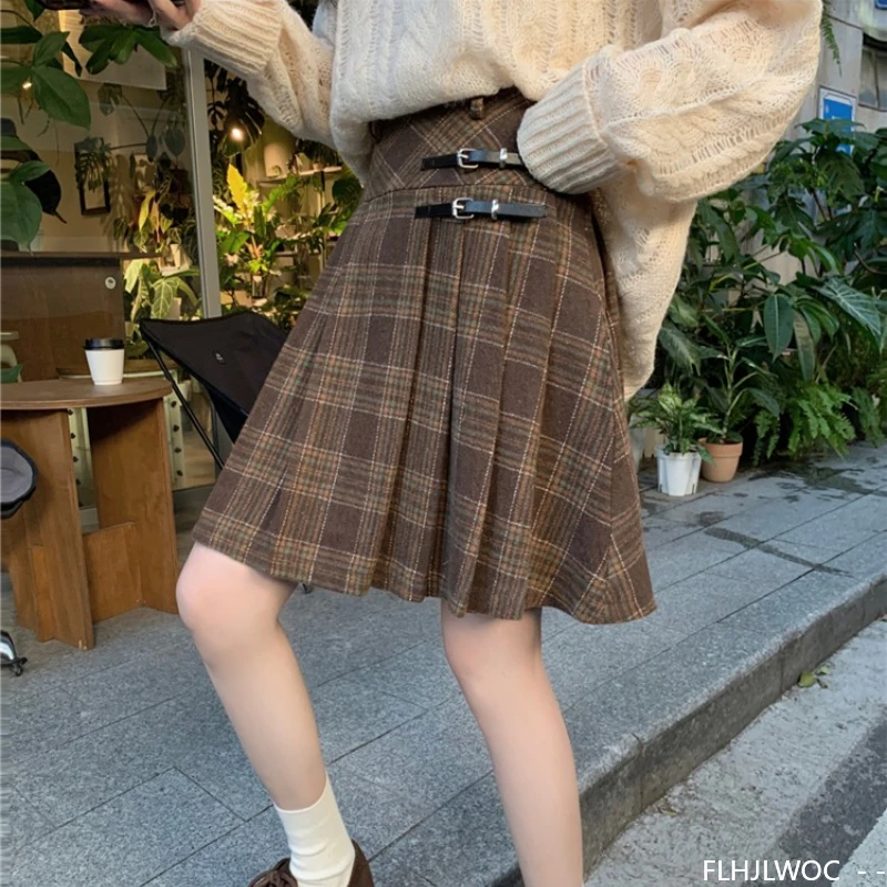 Wełniane Spódnice Nowa Moda 2025 Jesień Zima Podstawy Damskie Urocze Słodkie Dziewczęce Japoński Styl Preppy Retro Vintage Krata Mini Spódniczka