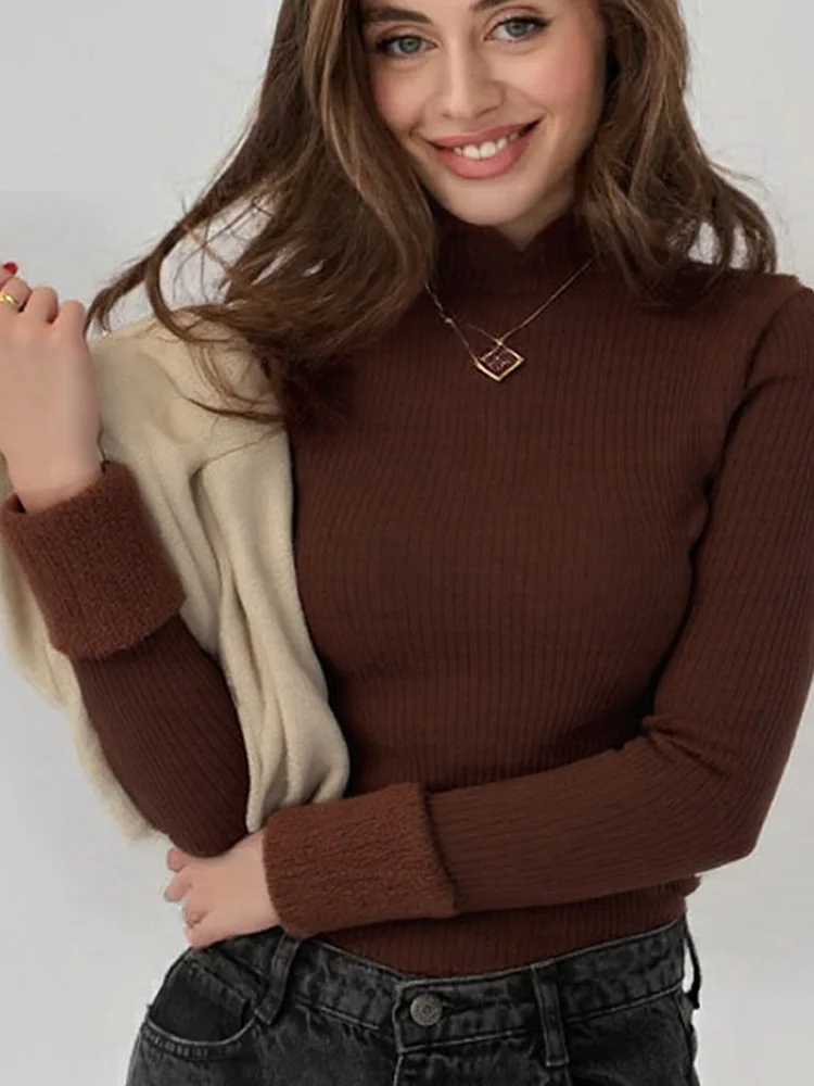 

Новые модные флисовые пуловеры, вязаный свитер, женский осенне-зимний свитер с длинным рукавом и воротником-стойкой, элегантный вязаный низ