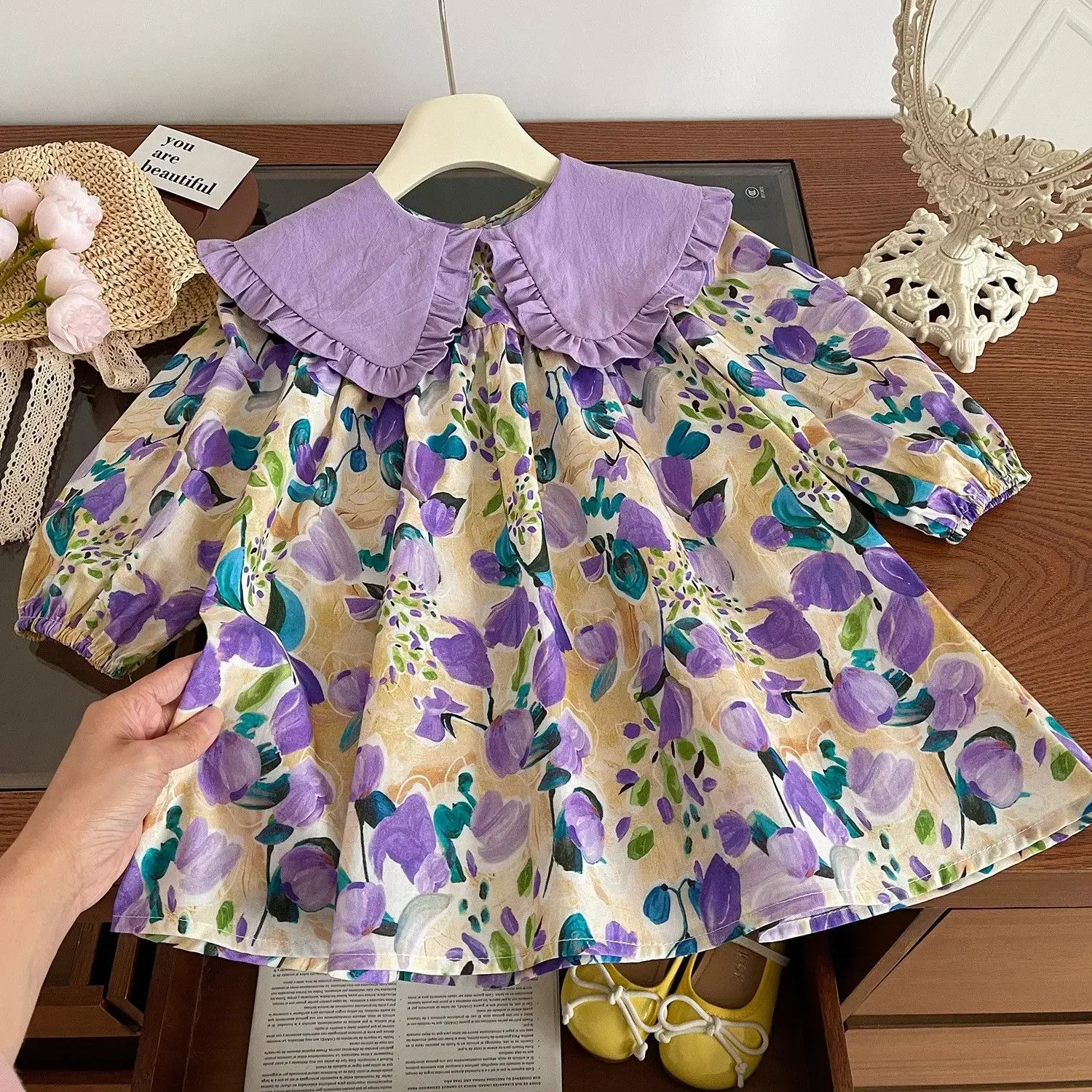 Vestidos casuales para niñas Vestido de fiesta de flores de manga larga con solapa de encaje y estampado de flores moradas para niñas de 2 a 7 años