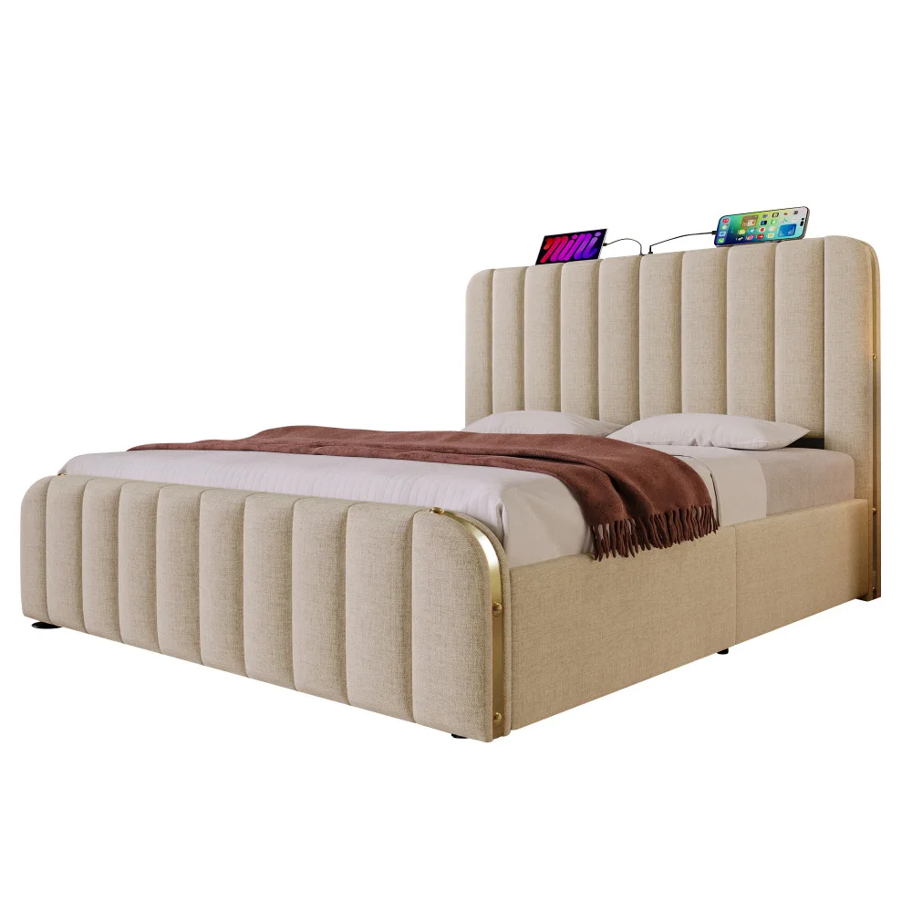 PINGGO Gepolstertes Doppelbett 180x200cm Beige Leinen-Kopfteil Goldene Dekorative Streifen USB Typ-C-Ladefunktion 4 Schubladen Ohne Matratze – Detail 9