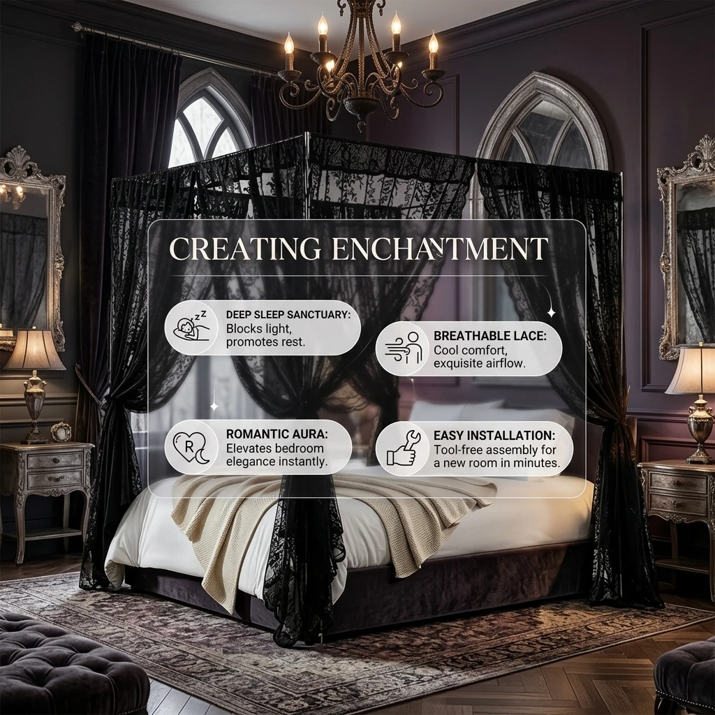Queen/King Black Four Corner Post Bed Canopy Bed Curtains Sheer Canopy for Adults Girls Bedroom Decoration Lightproof Windproof