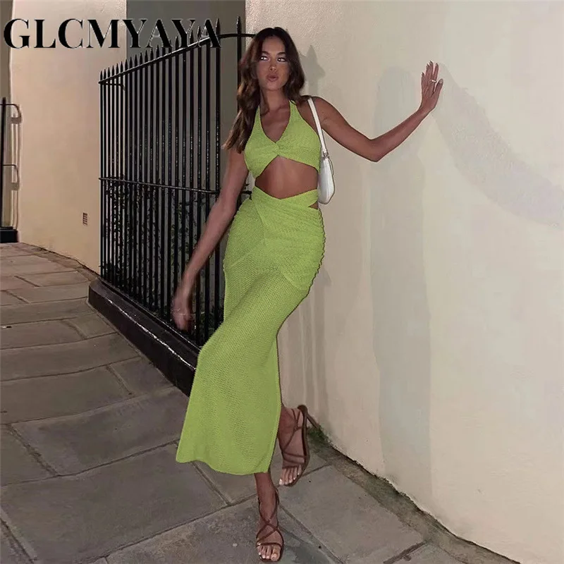 

GLCMYAYA Women Summer Fashion Backless Solid Sleeveless Neck-mounted Crop Tops Dress Sets 2023 Lace-up Skirt Set 2 Piece Set