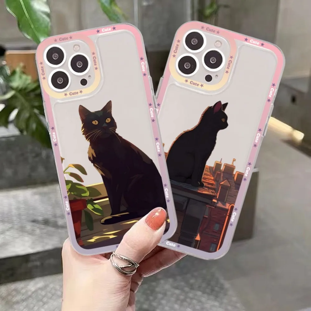 

BLACK CARTOON CAT Phone Case For iPhone 15 14 13 12 11 Pro Max XS X XR Mini Protective Cover