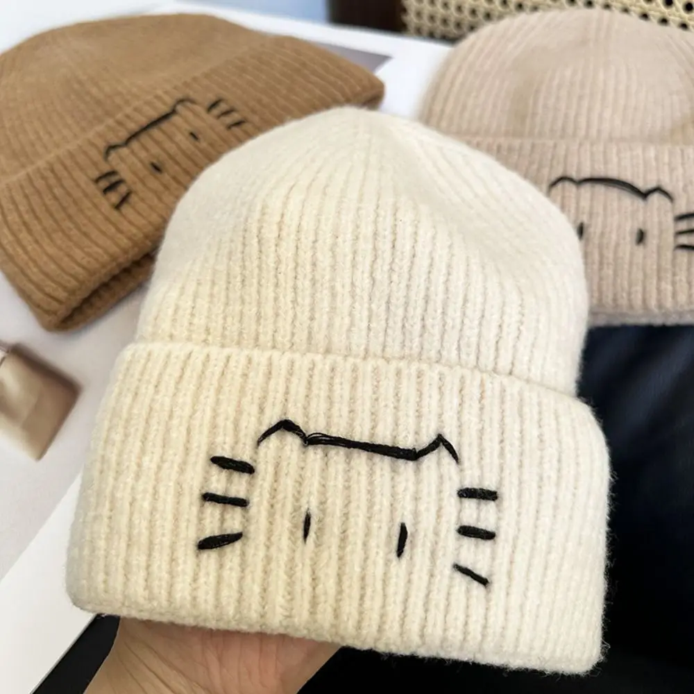 

Cute Embroidered Kitten Cute Cat Knitted Hat Warm Vintage Knit Beanies Wool Retro Printing Knit Cap Apparel Accessories