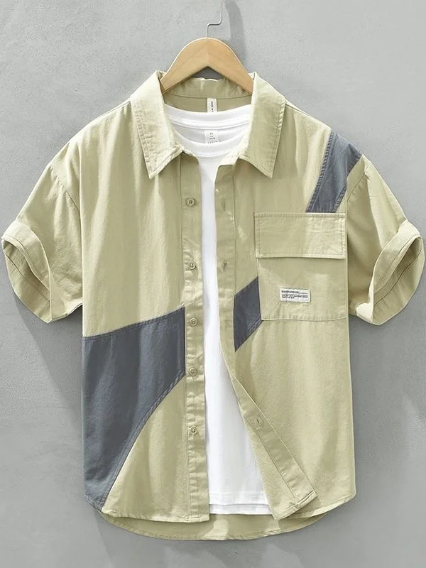Loose Fit Ice Silk Short Sleeve Shirt Men's Summer Casual Style Color Block Design Breathable Lightweight Fashionable Top