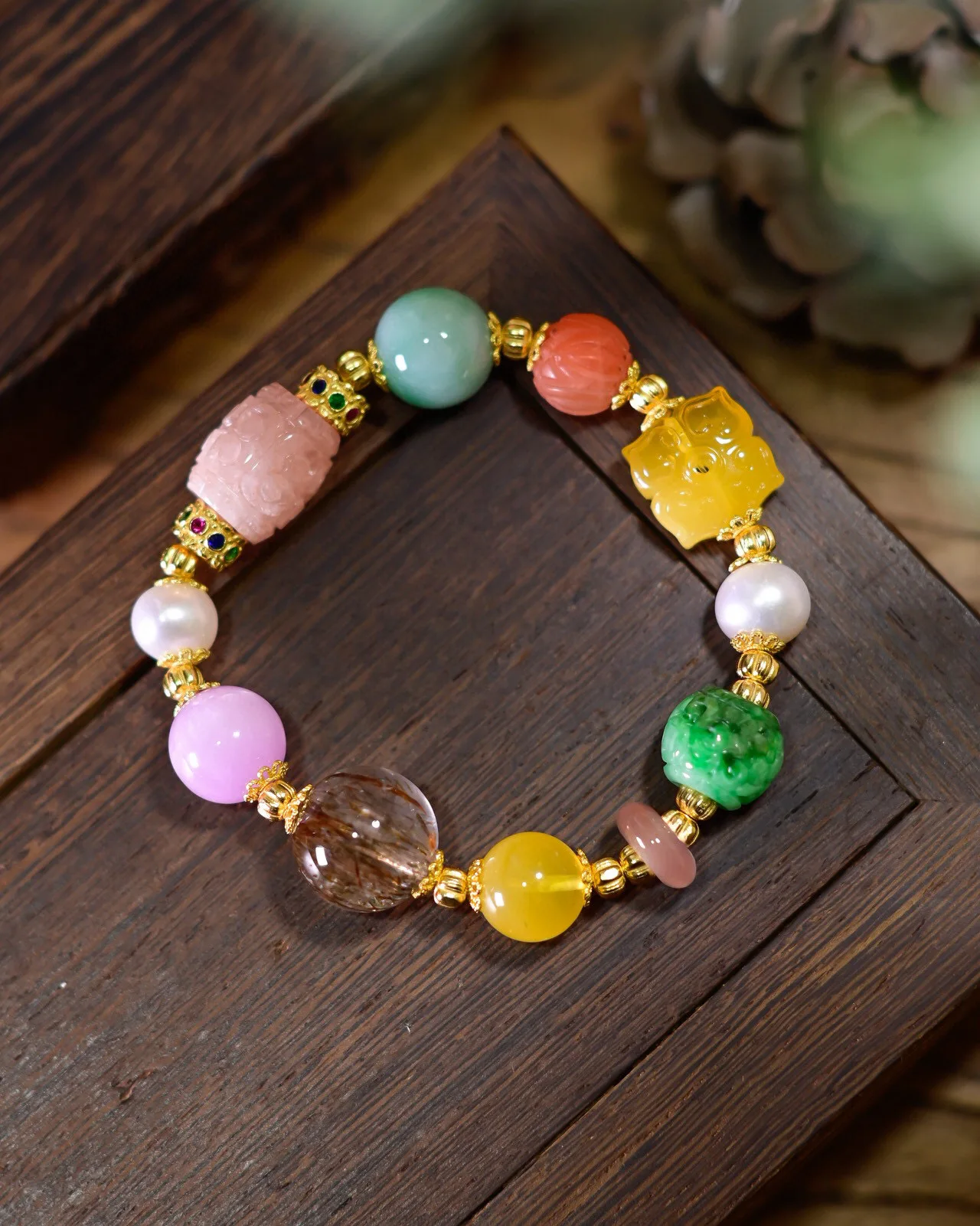 

AAA Natural Jadeite Bracelet, Black Super Seven Crystal Round Beads with Kunzite Amber, Multi-Gemstone Lucky Charm Chain
