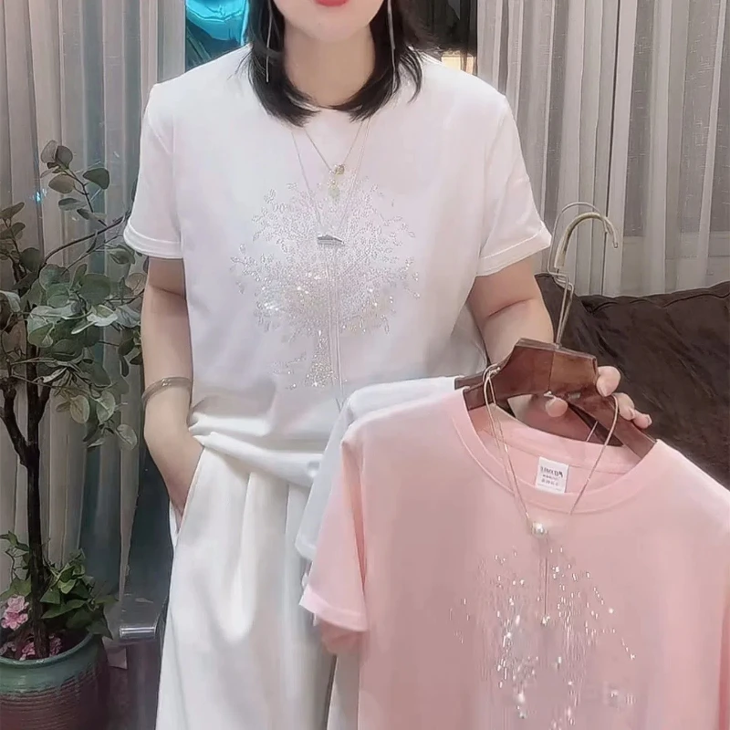 2025 Women's Round Neck Diamonds Printed  T-shirts Summer New Fashion Commute Cotton Solid  Loose Short Sleeve Casual Tops image 3