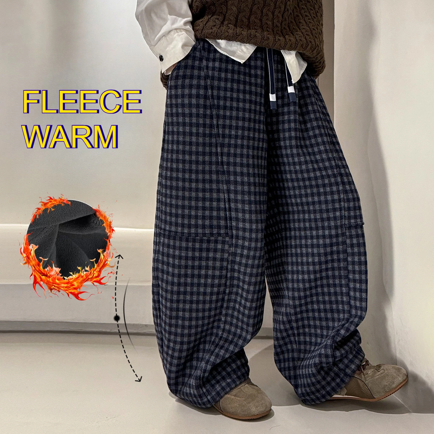 

School Boys Sweatpants Fleece Lined Joggers Plaid Pants Winter Thermal Kids Sports Pants Daily Casual Basic Trousers for Teens