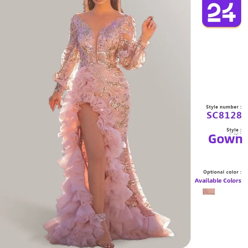 

Sexy Me Tail Bright Spots Split Pink Evening Gown Women's Cross-Border High Waist Long Skirt Small Drag Tail Wedding Dr