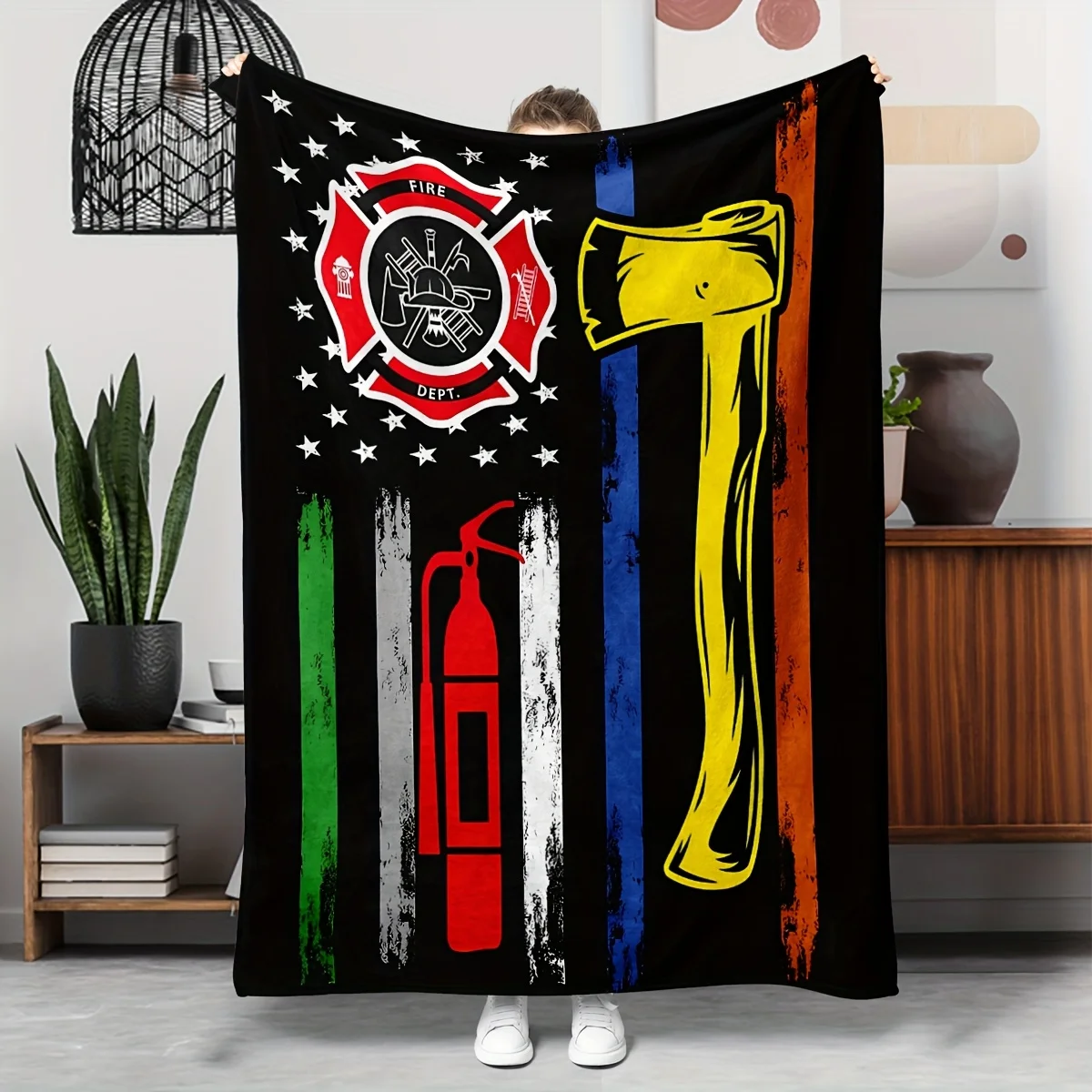 Firefighting tool pattern Flannel printed blanket suitable for all seasons suitable for living room office sofa travel 180x250CM
