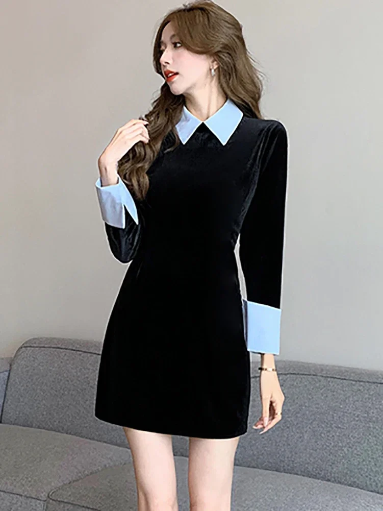 Women Korean Vintage Hepburn A-Line Short Dress Autumn Winter Black Velvet Polo Collar Dress 2024 Elegant Casual Party Vestidos