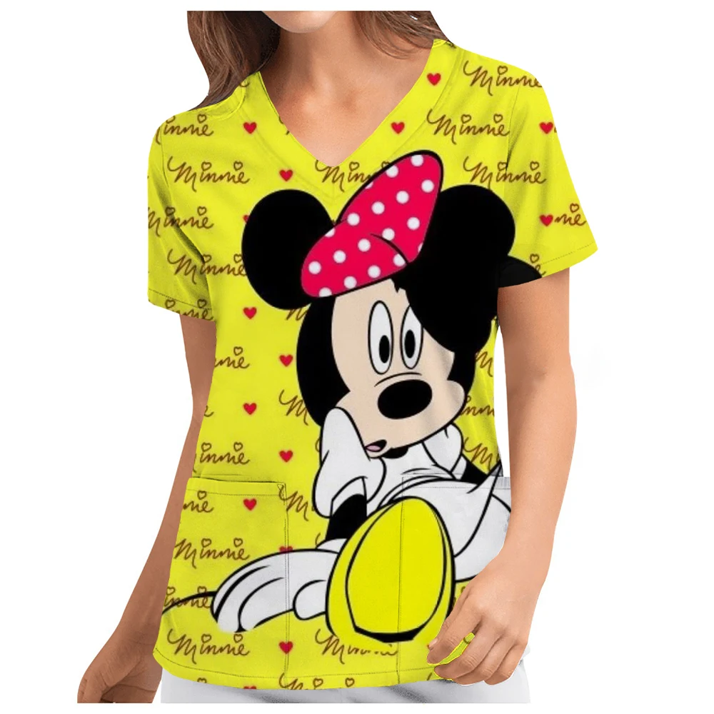 Ladies Care Nurse Uniform T-Shirt Casual Disney Mickey Mouse Printed Pocket Loose Caring Workwear Hospital Nursed Blouse Spa