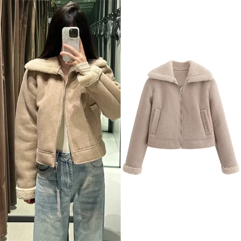 

Женское пальто, осень 2024, новый стиль, хаки, с длинными рукавами, из искусственного меха, простая теплая куртка, повседневная модная индивидуальная универсальная куртка