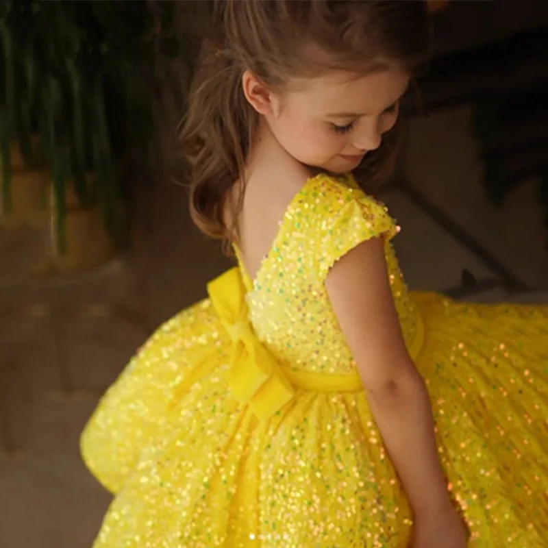 Girls Backless Princess Dress European Style Sparkling Sequin Tulle Gown for Kids Catwalk & Hosting Overseas Direct Prom Dresses