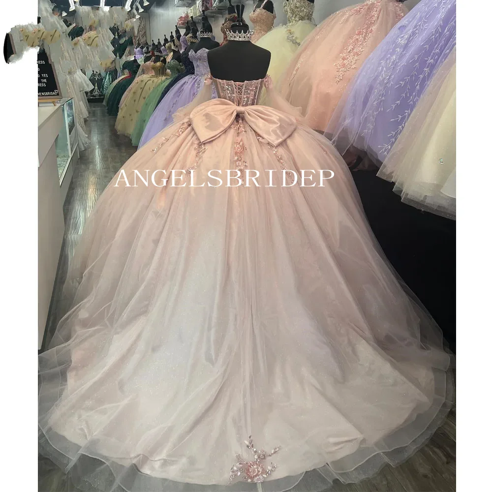 Angelsbridep ชุดชุดไปงานเต้นรำสีชมพู quinceanera ชุดเดรสแขนสั้น2024ชุดเดรสราตรี15ชุด16ชุดเดรสหวาน