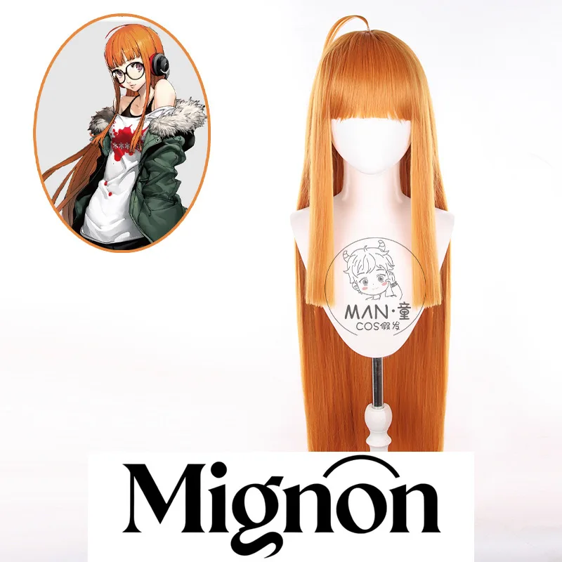 Mignon 5 Futaba Sakura Cosplay Wig Round Scalp Orange Long Hair Halloween Gift