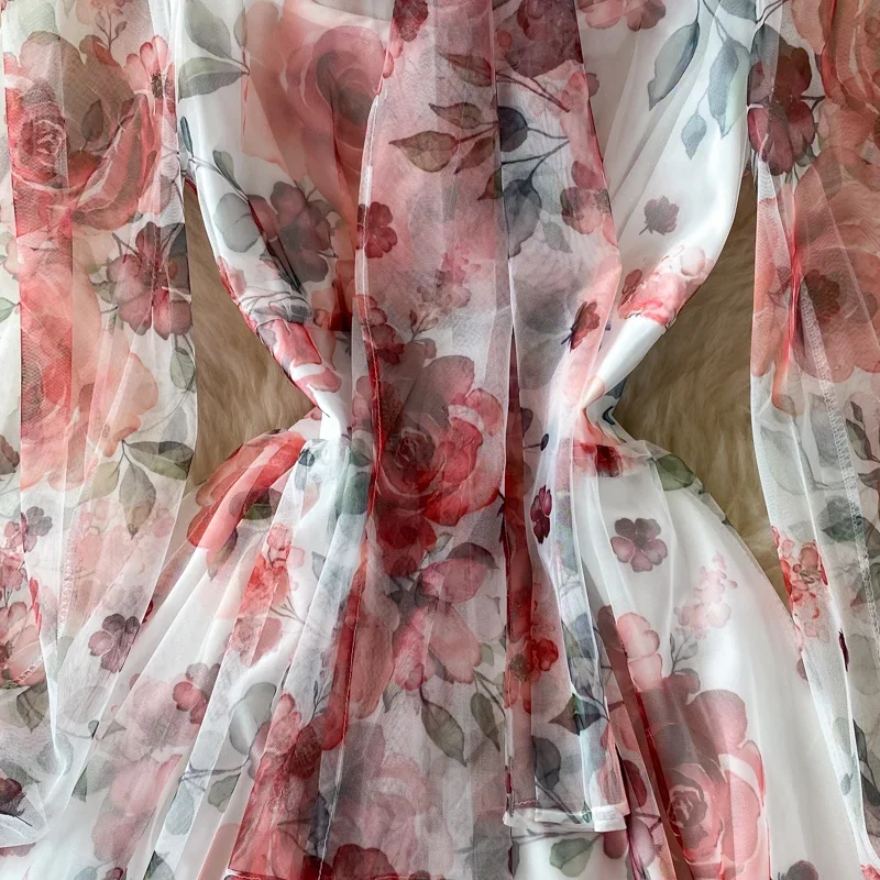 優しい風蝶ネクタイベルト薄いハイウエストクラッシュシフォンドレス長袖エレガントなハイエンド大きな裾ロングスカートサマードレス