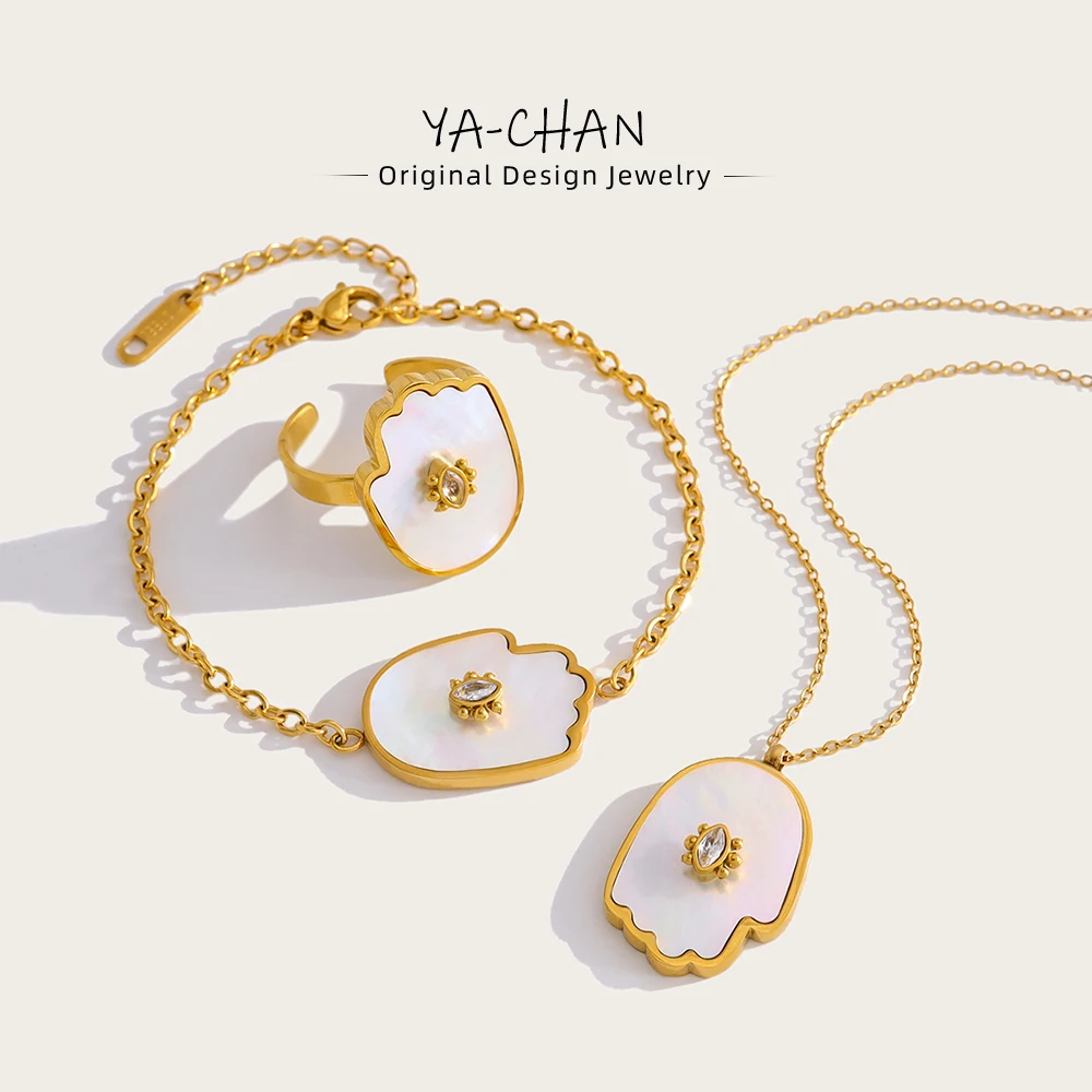 YACHAN Trendy Shell Crystal Charm Stainless Steel Necklace Bracelet Ring for Women 18K Gold Plated Jewelry Set Waterproof