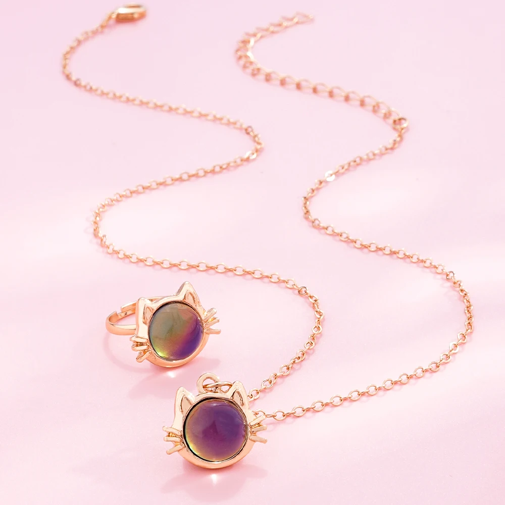 2Pcs/set Girl Temperature-sensitive Color-changing Cat Unicorn Love Pendant Necklace Ring Jewelry Set Girlfriend Bestie Gift