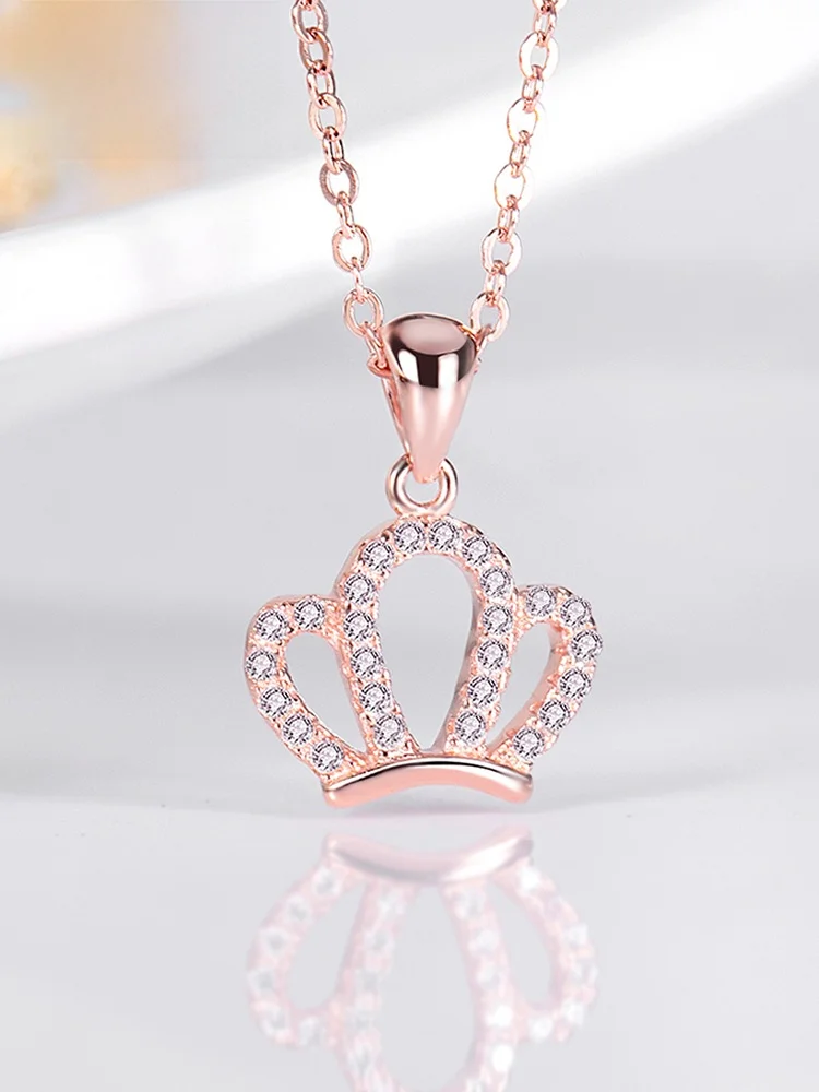 s925-sterling-silver-crown-pendant-necklace-women's-pure-silver-plated-clavicle-18k-rose-gold-micro-set-single-pendant-color