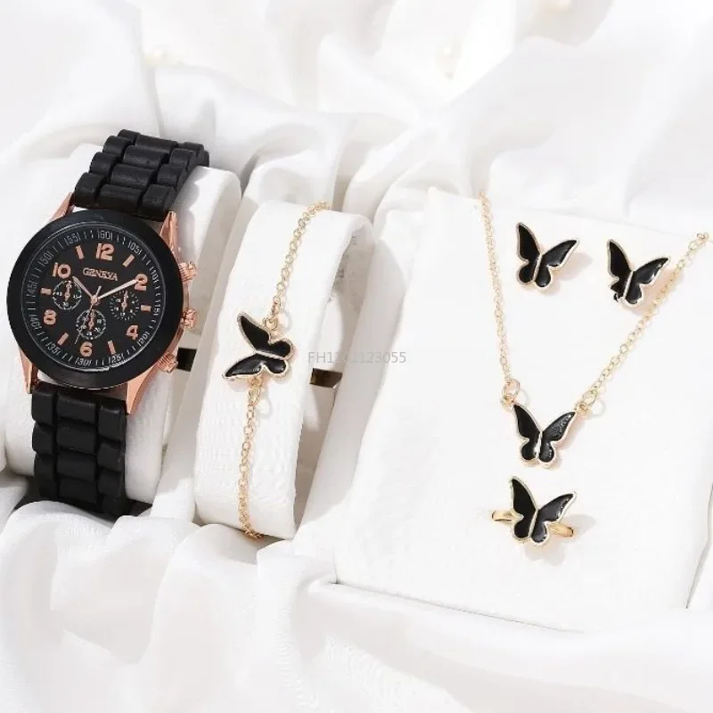 2/6 stks Luxe Horloge Set Vrouwen Ring Ketting Oorbellen Strass Mode Horloge Vrouwelijke Casual Dames Horloges Armband (Geen Doos)