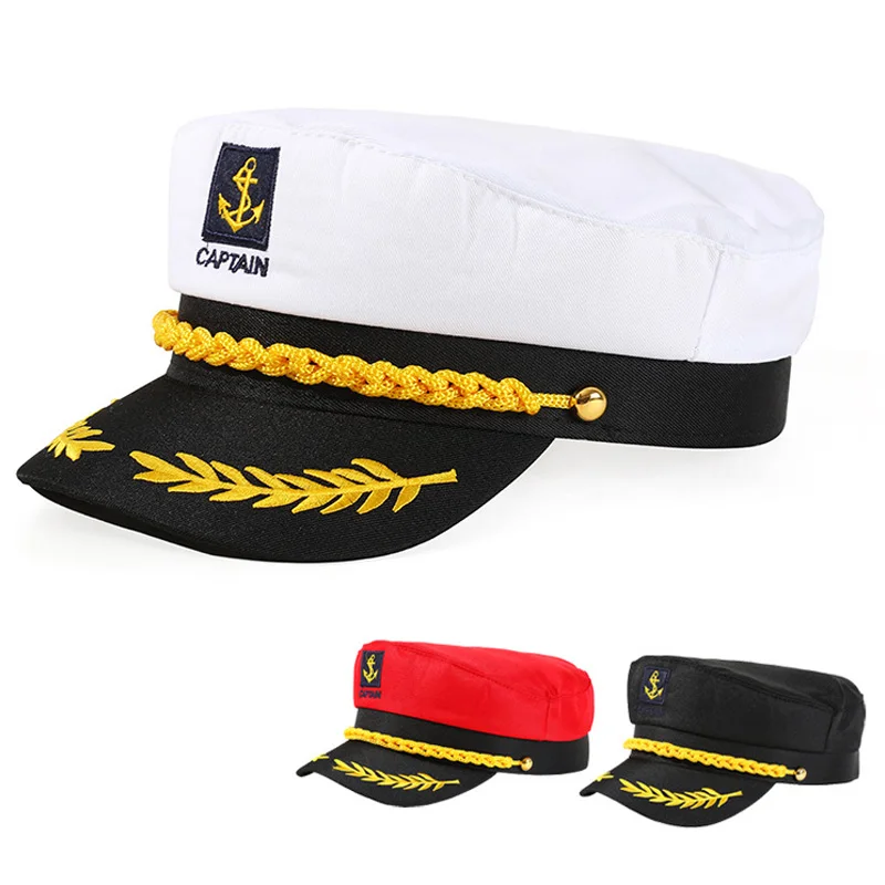 White Captain Hat Adjustable Nautical Sailor Cap with Anchor Embroidery Breathable Costume Accessory for Men Women