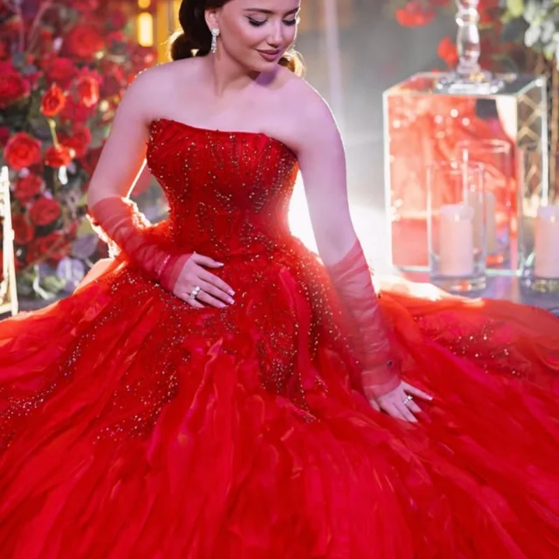 

Customized Red Quinceanera Dresses Off the Shoulder Tull sequin applique ruffle layering Vestido De 15 Quinceanera