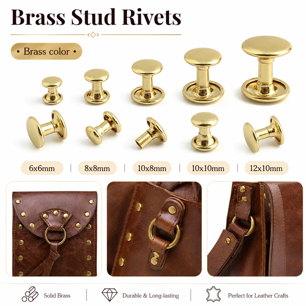 100/500Sets 8x8mm 6x6mm 10x10mm 12x10mm Brass Hat Nails Leather Rivets Metal Double Mushroom Cap Stud For Purses Belt Garment