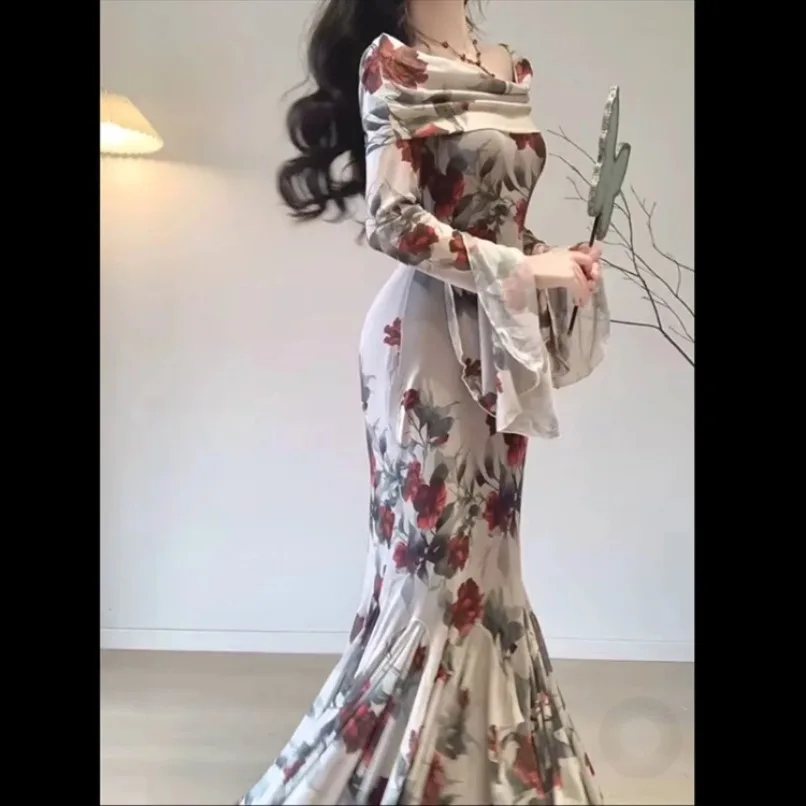 Elegant Vintage Rose Print Dress for Women 2024 Y2k Sexy Slim Waist Bodycon Dresses Summer New Long Sleeve Vestidos Mujer
