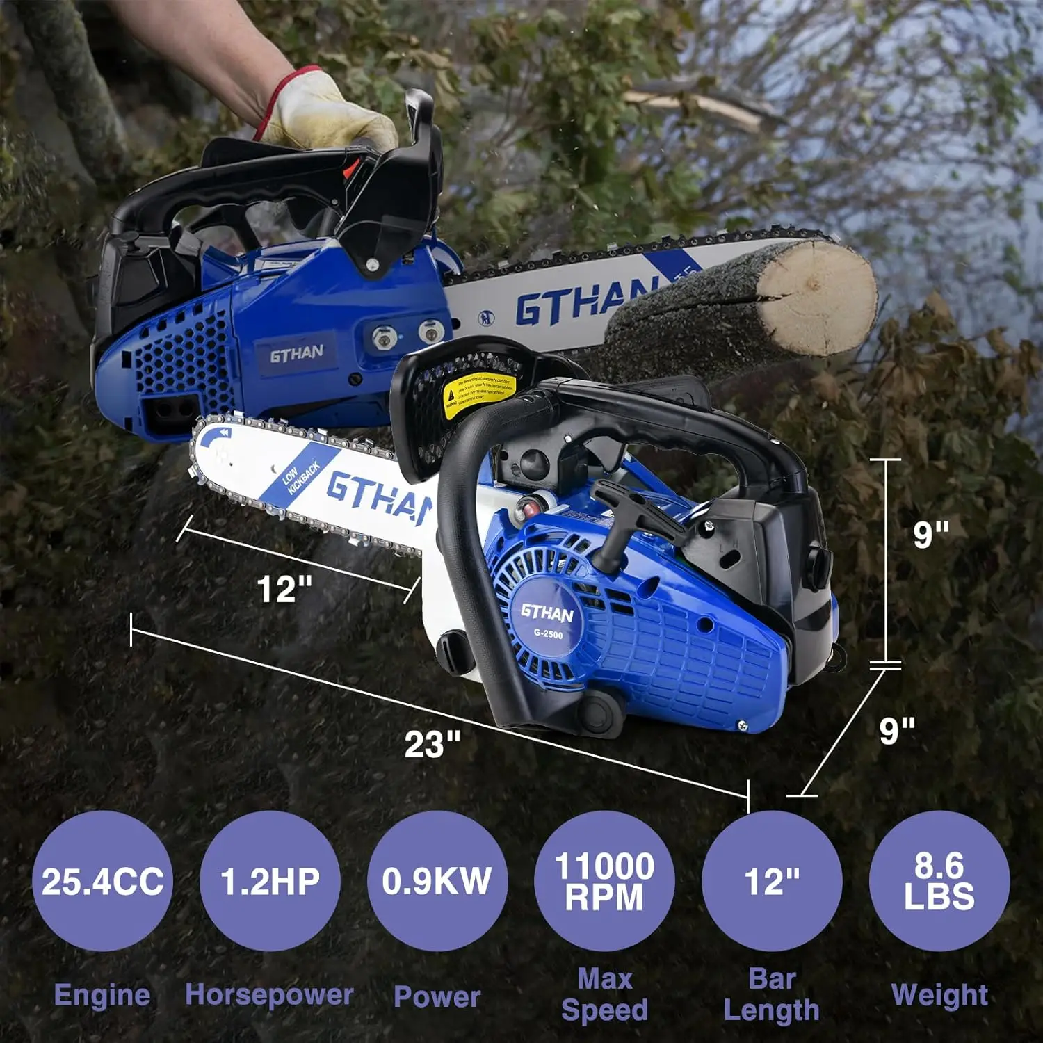 Gas Chainsaw 12 Inch Top Handle Chainsaw Gas Powered 25.4Cc 2-Cycle Portable Gasoline Chain Saw Garden Tool For Cutting Wood