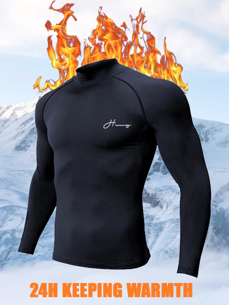 1-Set Men Mock Neck Raglan Fleece Compression Sports Outfit Black Warm Long Sleeve Top Pants H Word | Best Value Deal