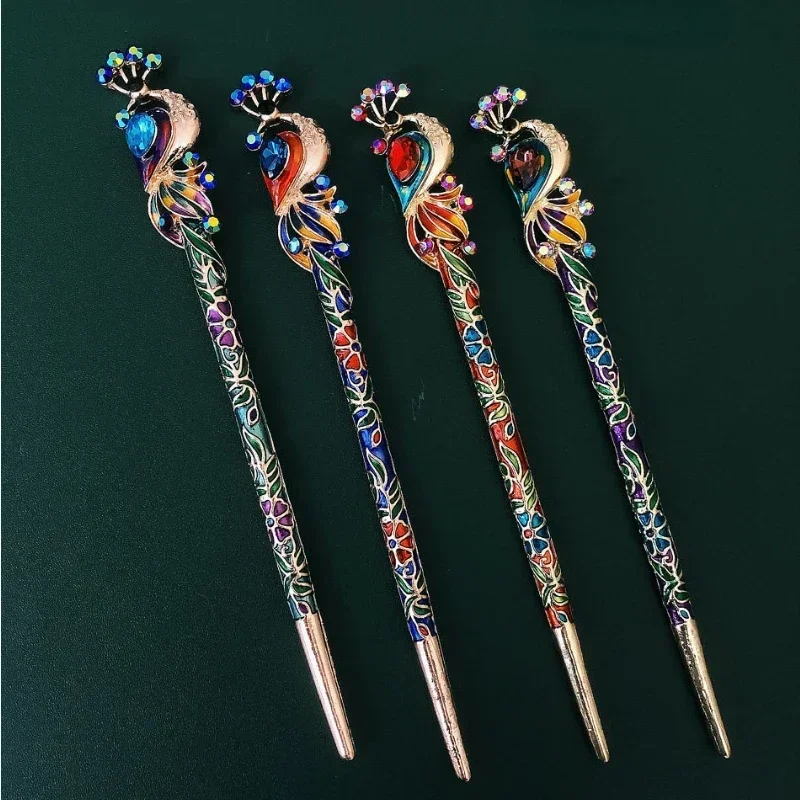 Hair Decoration Accessories Chinese Crystal Peacock Hairpin Retro Enamel Cloisonn Handmade Jewelry Travel Accessories Gifts