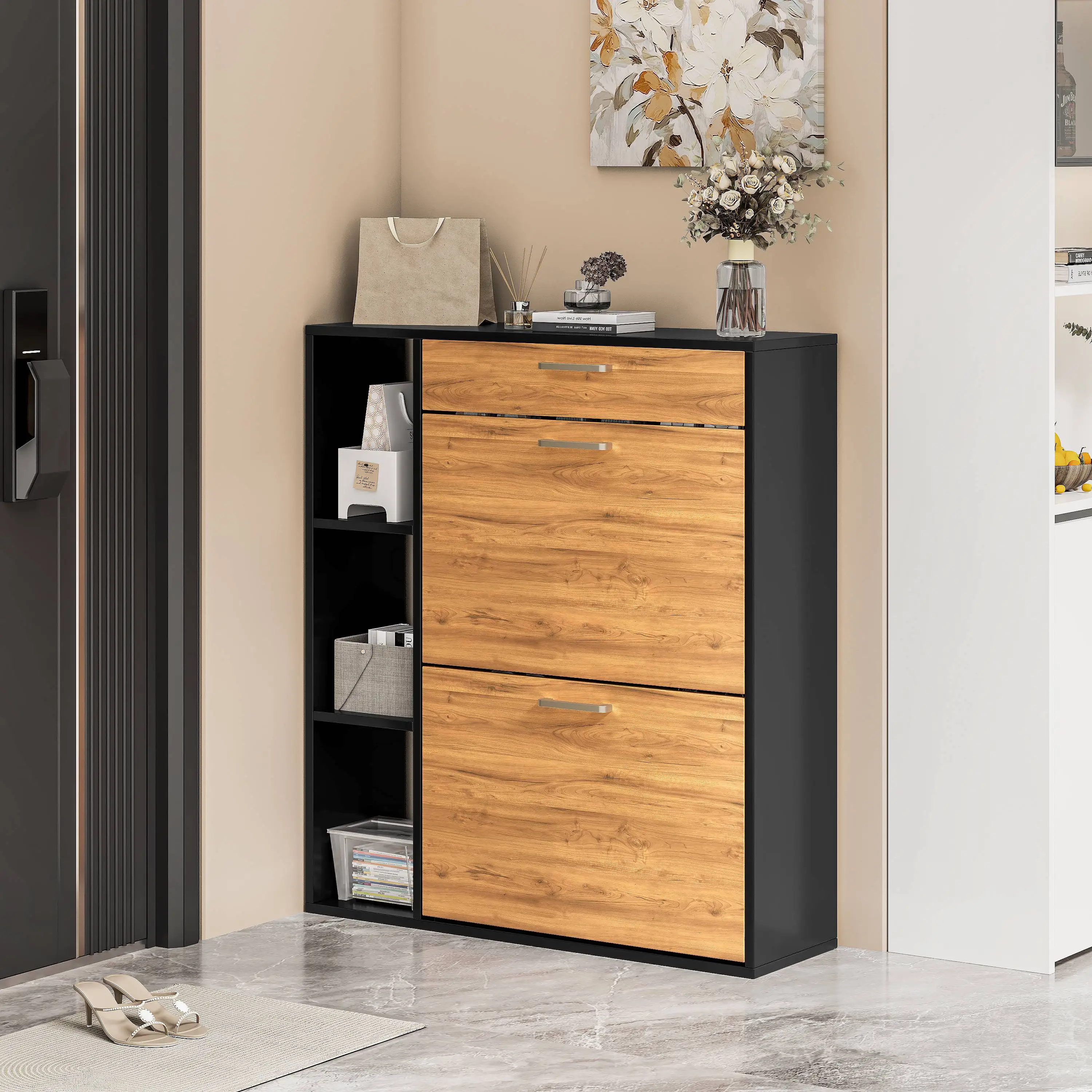 Meuble à chaussures en bois avec 2 tiroirs rabattables, organiseur de rangement pour chaussures, armoire à chaussures pour entrée, couloir