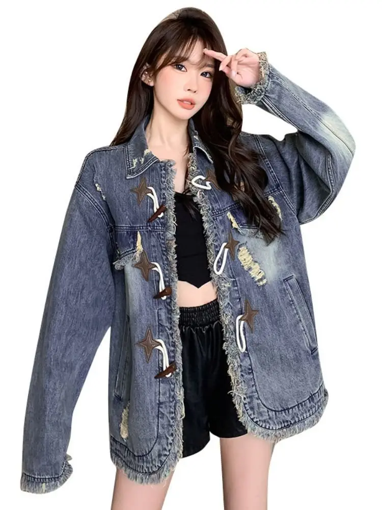 Retro Raw Edge Loose Denim Jacket Women 2024 Autumn New Design Lazy Style Slimming Design Long-Sleeved Jacket Top