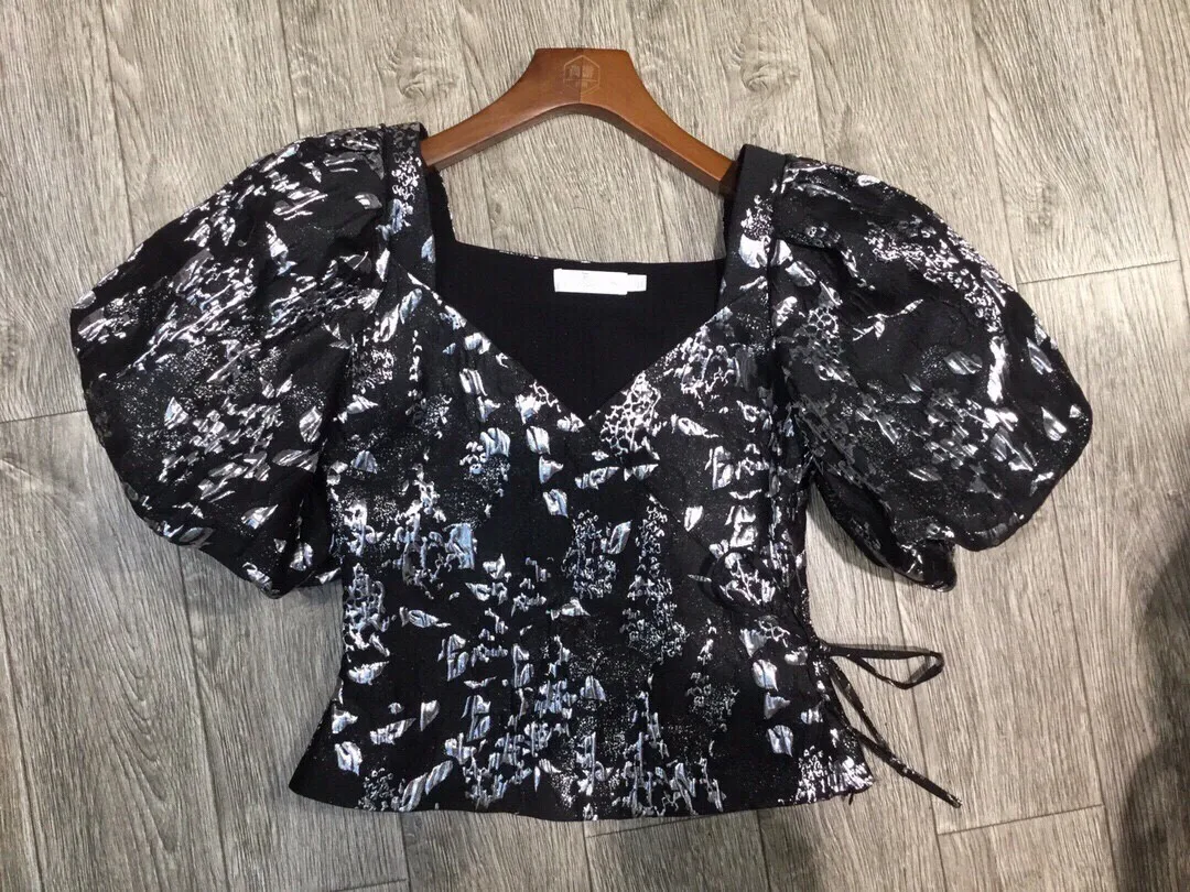 Floral Print Blouse Women's Sweet Bubble Sleeve Square Collar Short Sleeve T-Shirt  ﻿