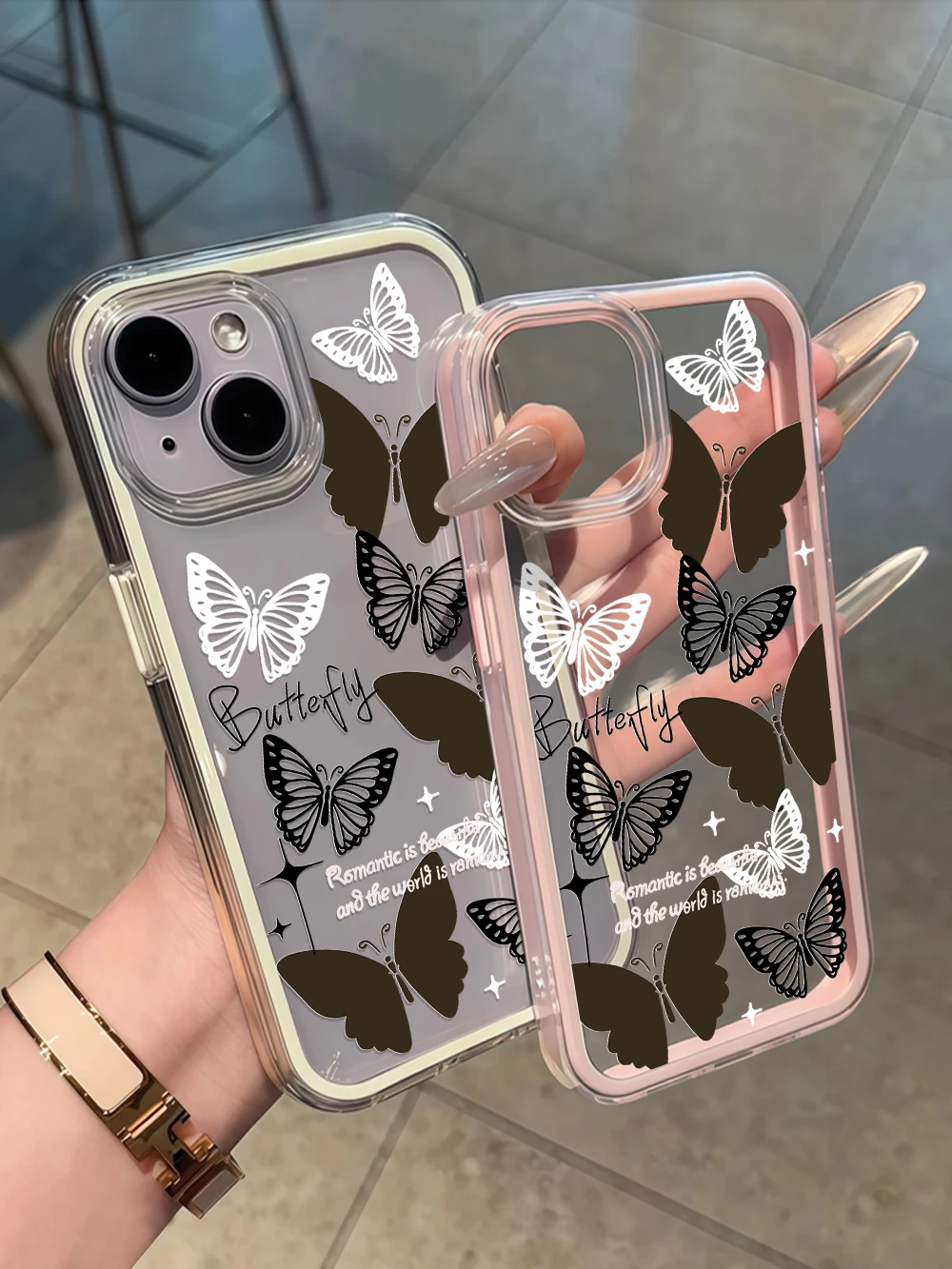 Dreifarbiges, schönes Schmetterlings-Transparent-Handycase für iPhone 16 14 15 Plus 13 14 15 17 16 12 Pro Max Air, durchsichtige weiche Hülle – Detail 6