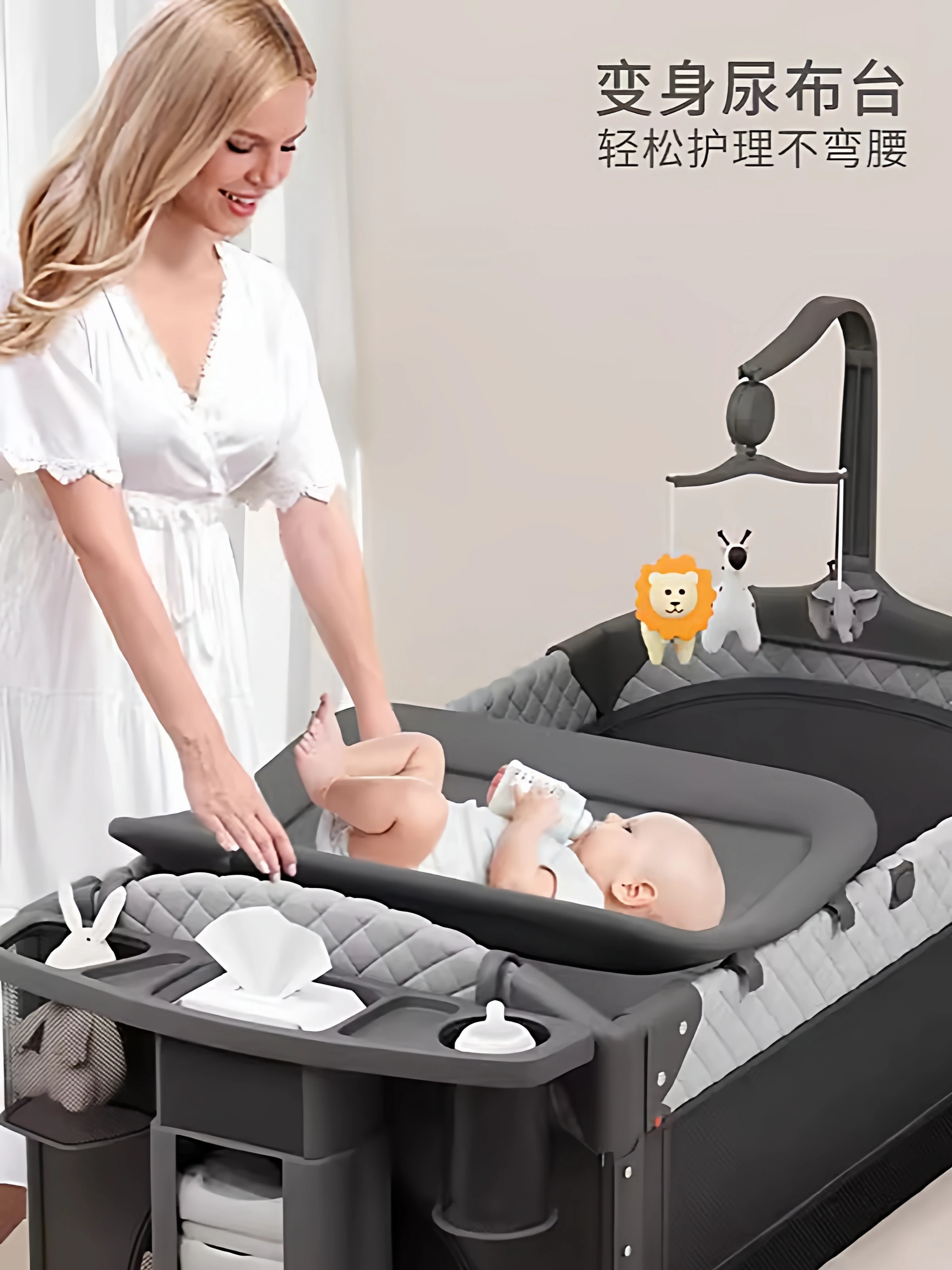 سرير كوين متعدد الوظائف، طاولة حفاضات أطفال محمولة قابلة للنقل